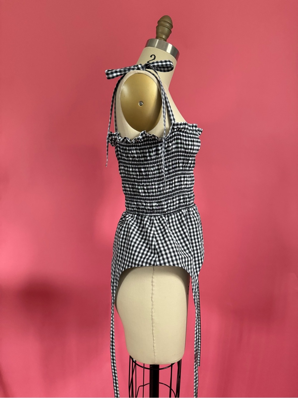 Sandy Liang Seal Top Gingham Garter Ruched Tie Tank Coquette Cottagecore Size 6 - Picture 5 of 15